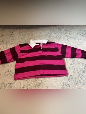 GAP Striped Rugby Polo in Hot Pink & Dark Magenta with White Collar